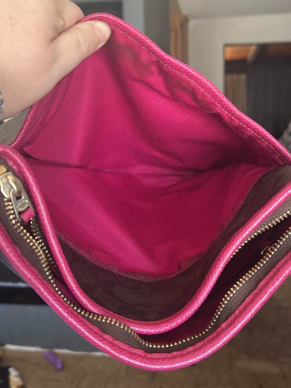 Coach Brown Signature Canvas Crossbody with Pink Trim - Picture 3 of 5